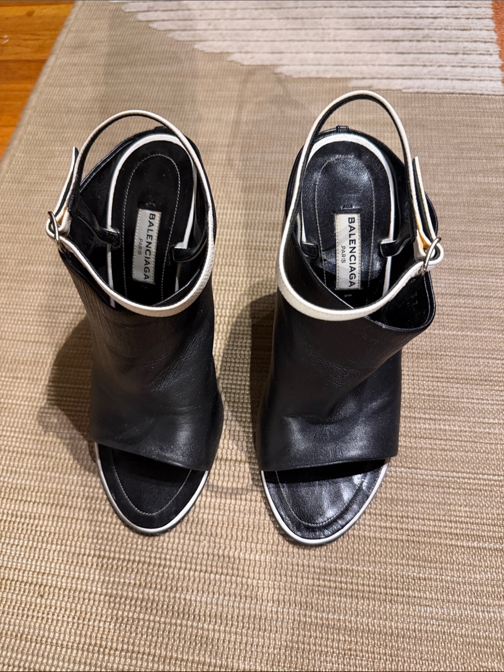 Balenciaga Black Leather Open-Toe Slingback Heels with White Trim